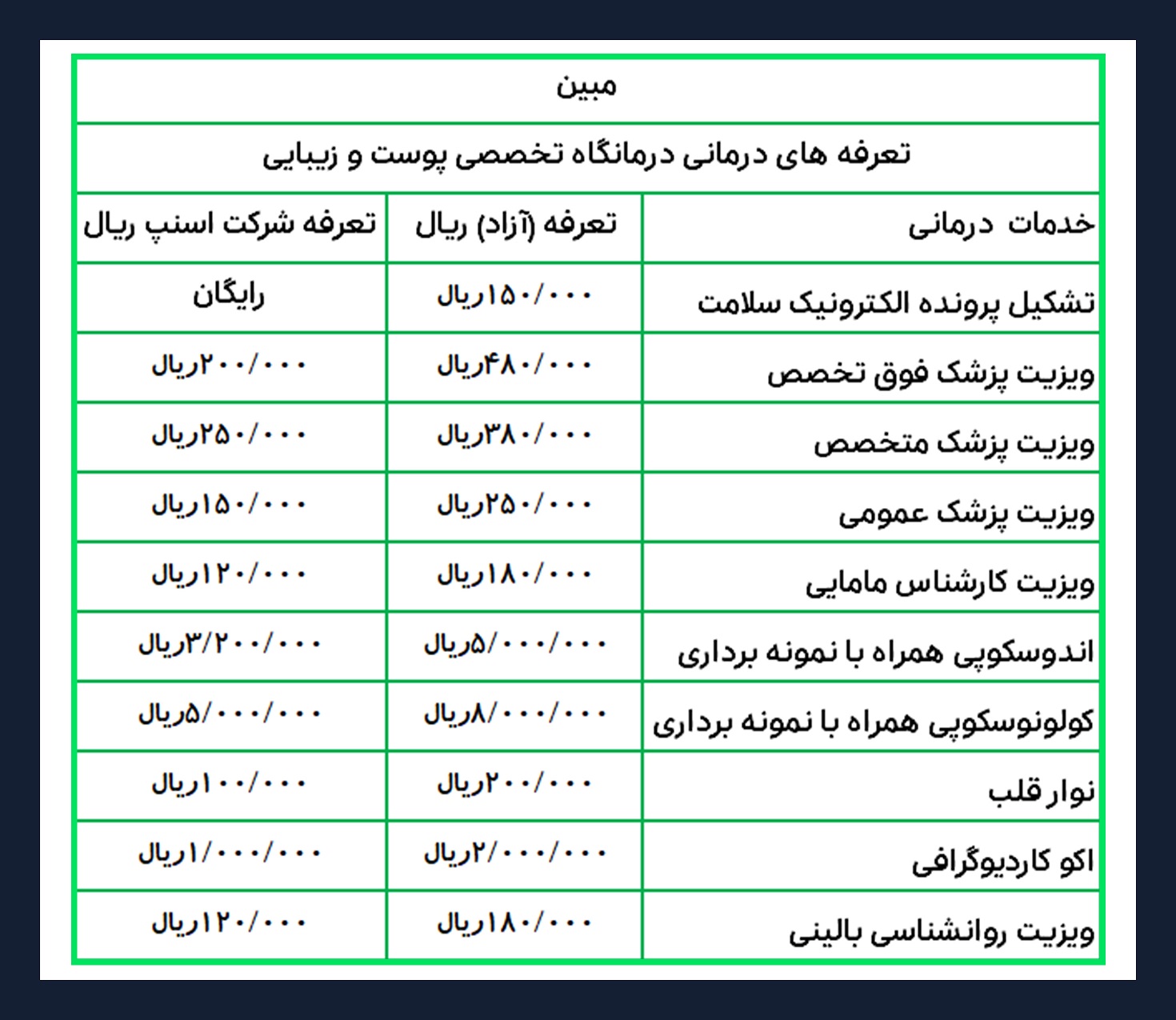 لیست قیمت کلینیک تخصصی مبین اصفهان برای رانندگان اسنپ